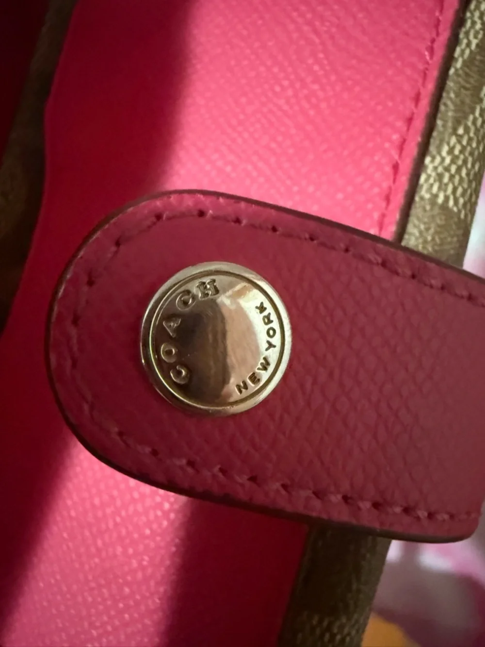 Coach Brown Signature Canvas Wristlet with Pink Snap Tab - Picture 5 of 9